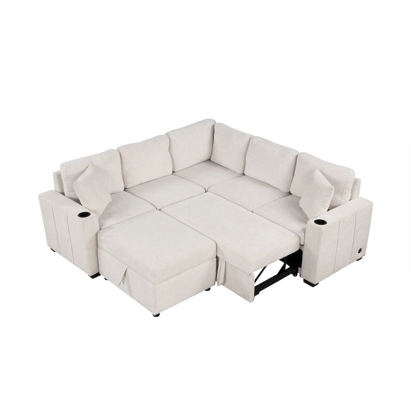 L-shaped Sectional Pull Out Sofa Bed, Recliner Sofa with 2 USB Ports, 2 Power Sockets and Movable Storage Ottoman