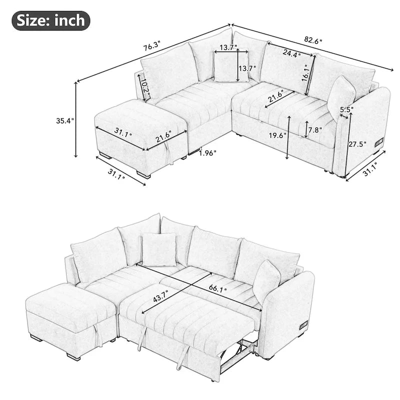 L-shaped Sectional Pull Out Sofa Bed, Recliner Sofa with 2 USB Ports, 2 Power Sockets and Movable Storage Ottoman
