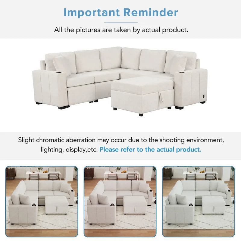L-shaped Sectional Pull Out Sofa Bed, Recliner Sofa with 2 USB Ports, 2 Power Sockets and Movable Storage Ottoman