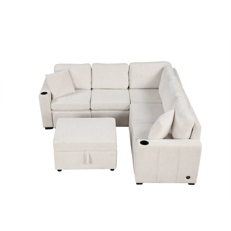L-shaped Sectional Pull Out Sofa Bed, Recliner Sofa with 2 USB Ports, 2 Power Sockets and Movable Storage Ottoman