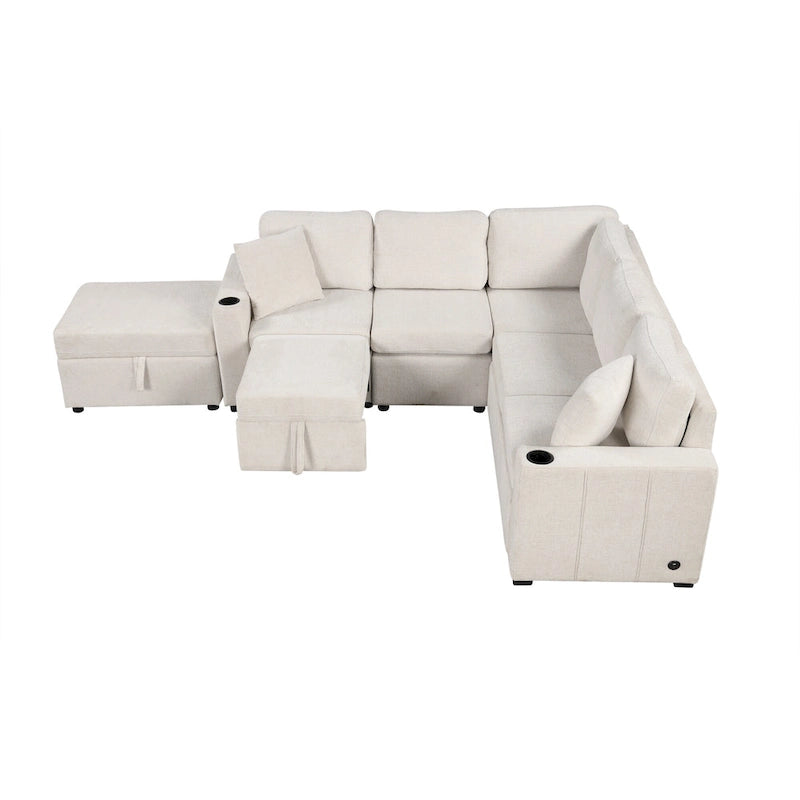 L-shaped Sectional Pull Out Sofa Bed, Recliner Sofa with 2 USB Ports, 2 Power Sockets and Movable Storage Ottoman