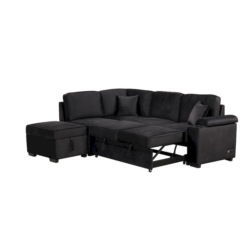 L-shaped Sectional Pull Out Sofa Bed, Recliner Sofa with 2 USB Ports, 2 Power Sockets and Movable Storage Ottoman
