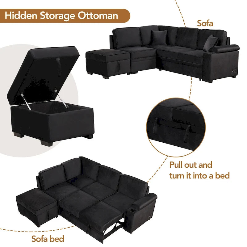 L-shaped Sectional Pull Out Sofa Bed, Recliner Sofa with 2 USB Ports, 2 Power Sockets and Movable Storage Ottoman