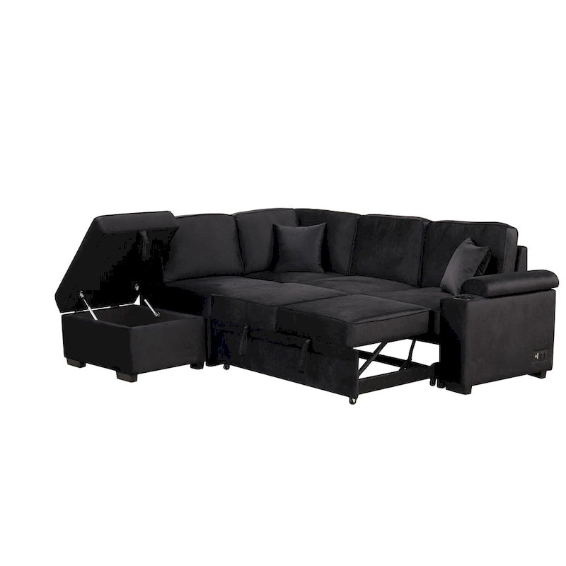 L-shaped Sectional Pull Out Sofa Bed, Recliner Sofa with 2 USB Ports, 2 Power Sockets and Movable Storage Ottoman