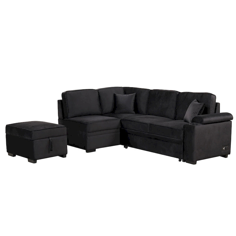 L-shaped Sectional Pull Out Sofa Bed, Recliner Sofa with 2 USB Ports, 2 Power Sockets and Movable Storage Ottoman