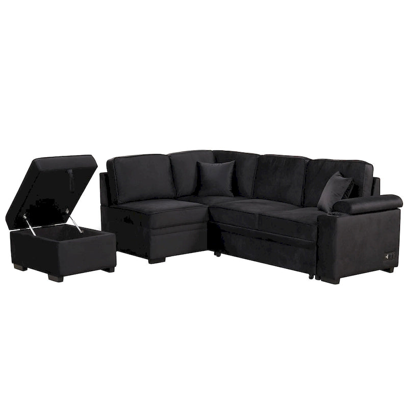 L-shaped Sectional Pull Out Sofa Bed, Recliner Sofa with 2 USB Ports, 2 Power Sockets and Movable Storage Ottoman