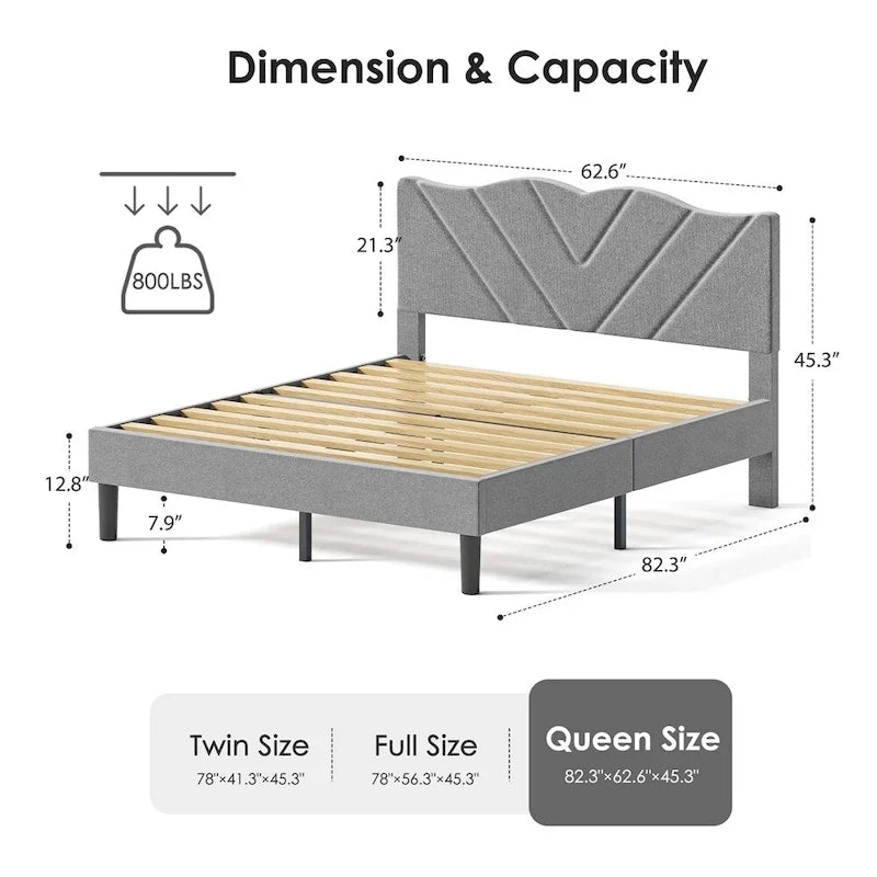 Modern Platform Bed Frame with Upholstered Headboard
