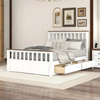 Wood Slat Platform Bed Frame with Vertical Hollows Headboard and Footboard, Low Profile Bed, Panel Bed 2 Drawers
