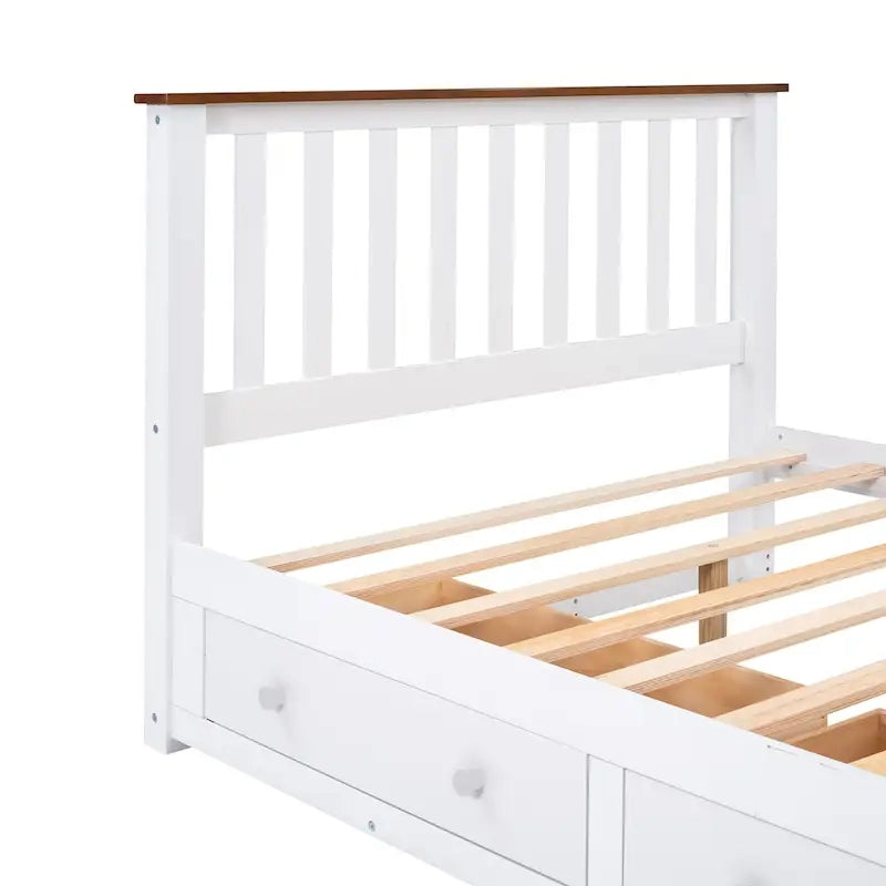 Wood Slat Platform Bed Frame with Vertical Hollows Headboard and Footboard, Low Profile Bed, Panel Bed 2 Drawers