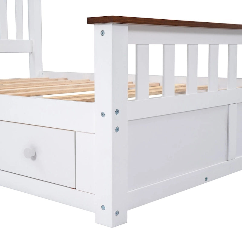 Wood Slat Platform Bed Frame with Vertical Hollows Headboard and Footboard, Low Profile Bed, Panel Bed 2 Drawers
