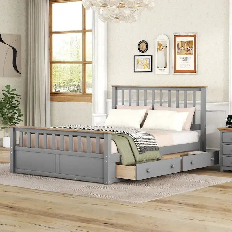 Wood Slat Platform Bed Frame with Vertical Hollows Headboard and Footboard, Low Profile Bed, Panel Bed 2 Drawers