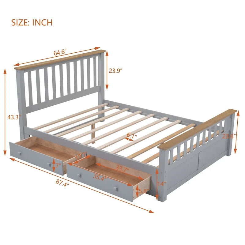 Wood Slat Platform Bed Frame with Vertical Hollows Headboard and Footboard, Low Profile Bed, Panel Bed 2 Drawers
