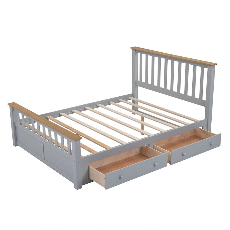Wood Slat Platform Bed Frame with Vertical Hollows Headboard and Footboard, Low Profile Bed, Panel Bed 2 Drawers