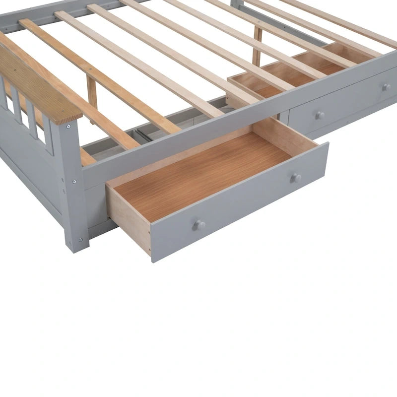 Wood Slat Platform Bed Frame with Vertical Hollows Headboard and Footboard, Low Profile Bed, Panel Bed 2 Drawers