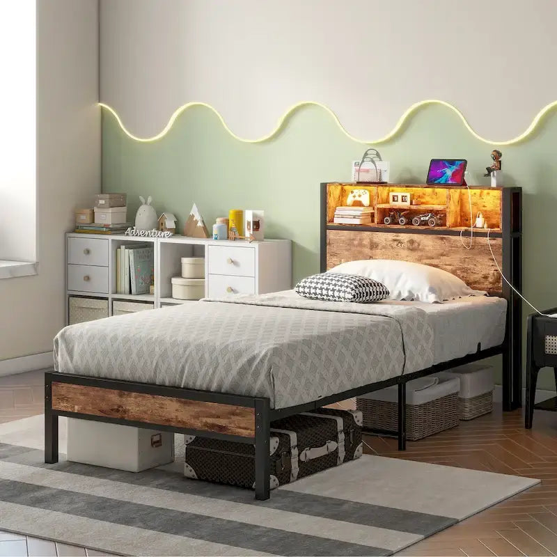 Twin Size Bed Frame with Storage Headboard, Metal Platform Bed with Charging Station, Bookcase Storage, No Box Spring Needed