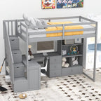Twin Size Loft Bed w/L-Shaped Desk,Drawers,Cabinet,Storage Staircase