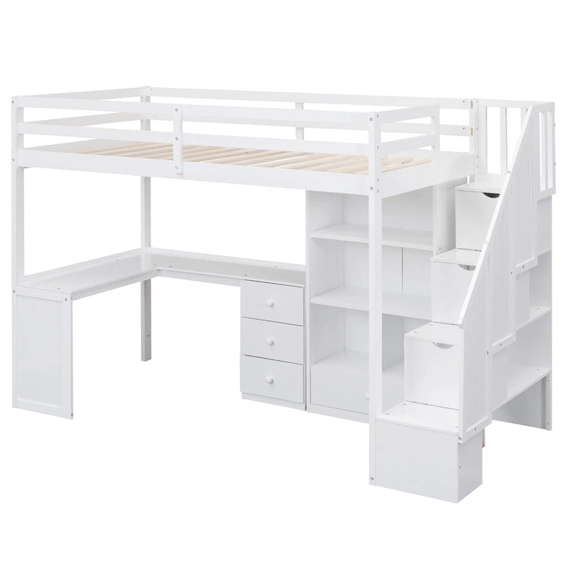 Twin Size Loft Bed w/L-Shaped Desk,Drawers,Cabinet,Storage Staircase