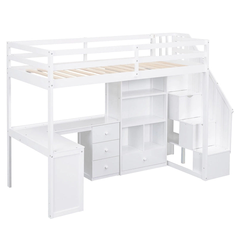 Twin Size Loft Bed w/L-Shaped Desk,Drawers,Cabinet,Storage Staircase