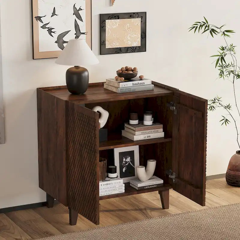 Rustic Wood Accent Cabinet,Fluted Design,Adjustable Shelf,Storage