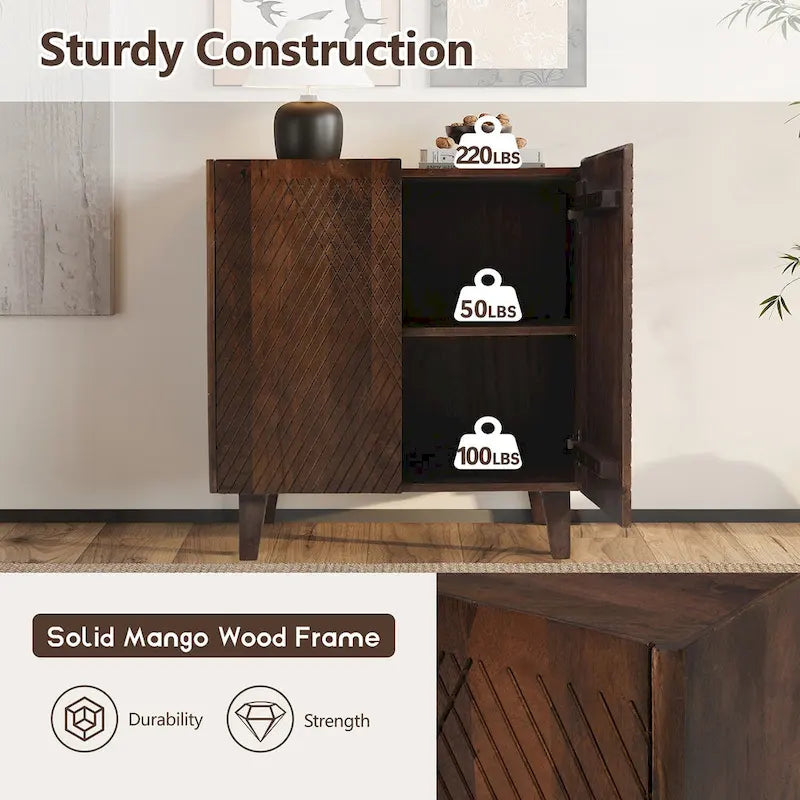 Rustic Wood Accent Cabinet,Fluted Design,Adjustable Shelf,Storage