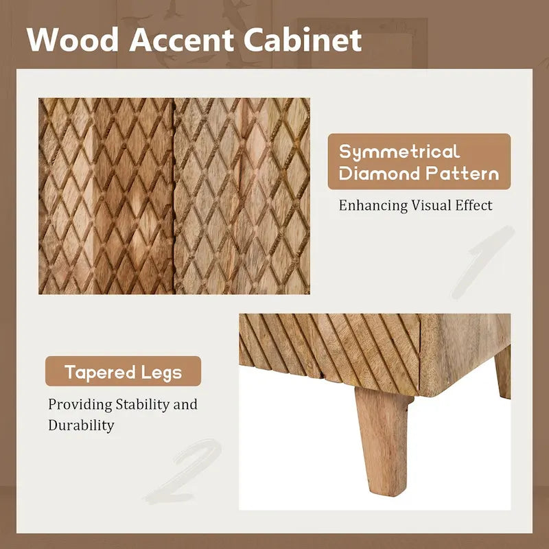 Rustic Wood Accent Cabinet,Fluted Design,Adjustable Shelf,Storage