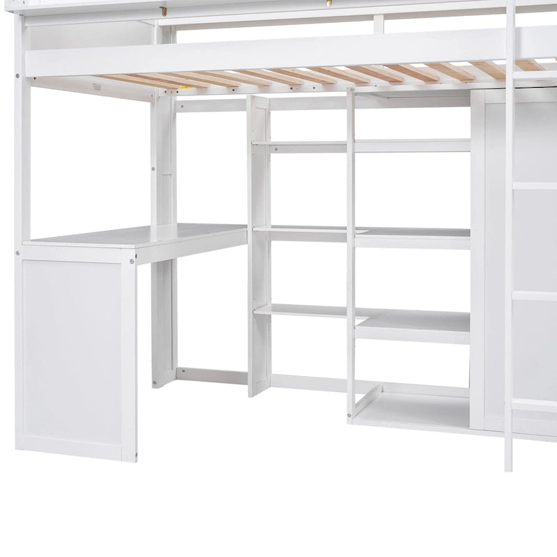 Twin Loft Bed w/Storage Shelves, Under-Bed Desk, Wooden Bed Frames