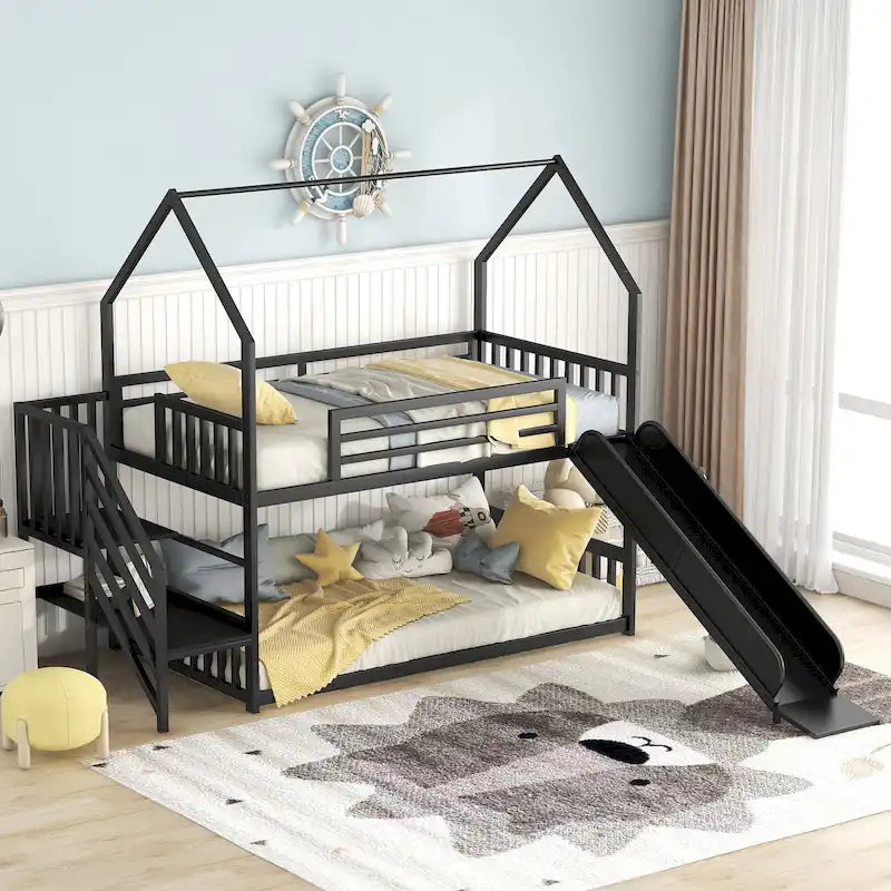 Twin Over Twin-Size Metal Bunk Bed House-Shape-Bed w/Slide, Staircase