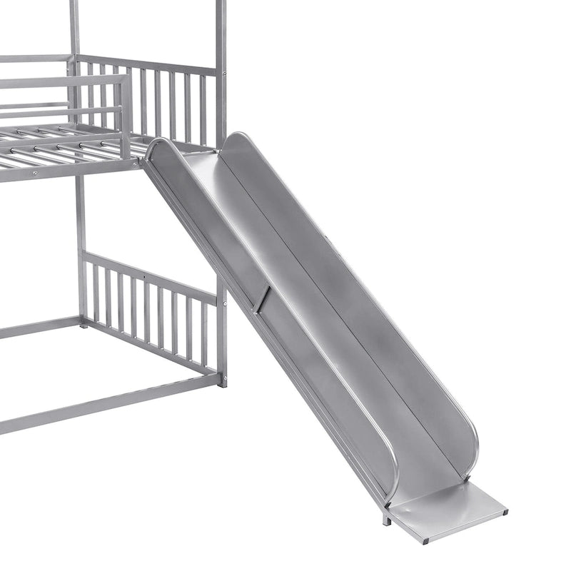 Twin Over Twin-Size Metal Bunk Bed House-Shape-Bed w/Slide, Staircase