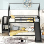 Twin Over Twin-Size Metal Bunk Bed House-Shape-Bed w/Slide, Staircase
