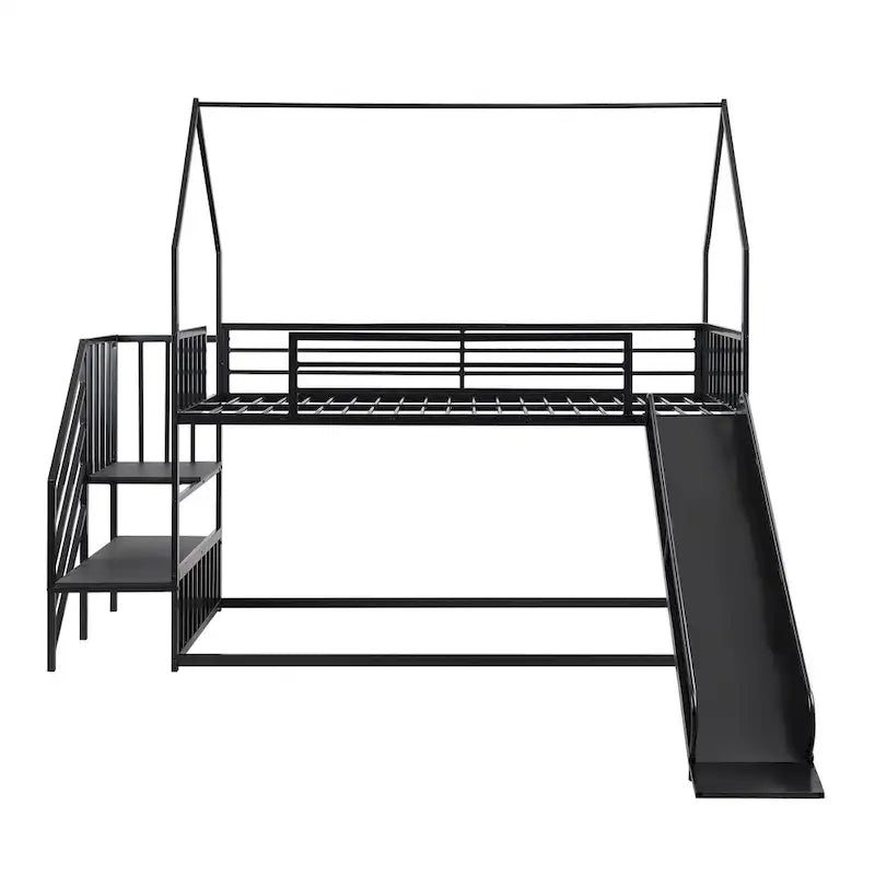 Twin Over Twin-Size Metal Bunk Bed House-Shape-Bed w/Slide, Staircase