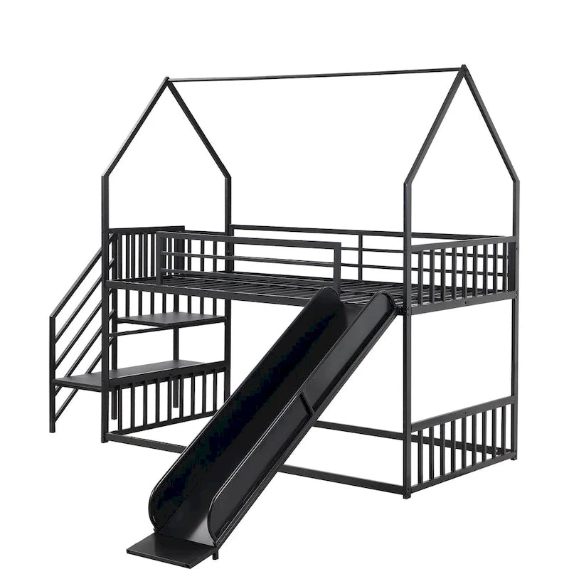Twin Over Twin-Size Metal Bunk Bed House-Shape-Bed w/Slide, Staircase