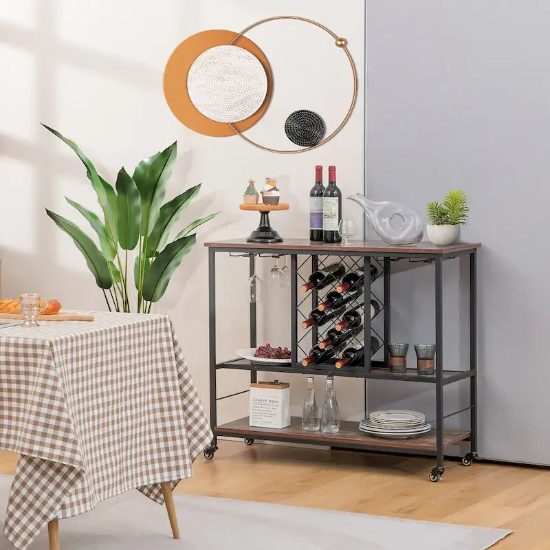 Gymax Industrial Liquor Bar Cart Rolling Kitchen Serving Cart w/ Wine