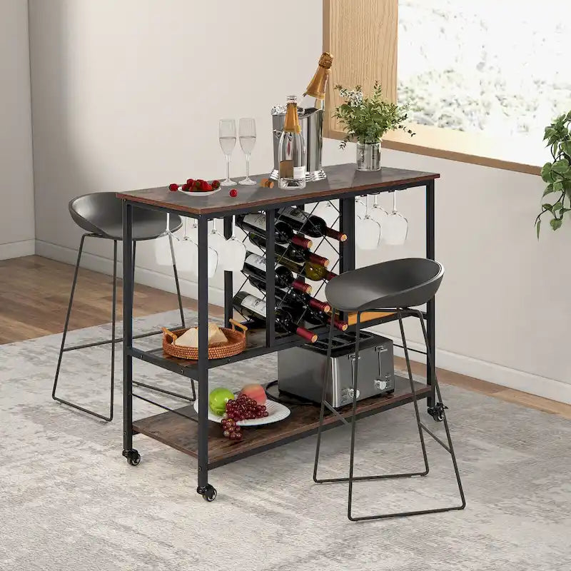 Gymax Industrial Liquor Bar Cart Rolling Kitchen Serving Cart w/ Wine