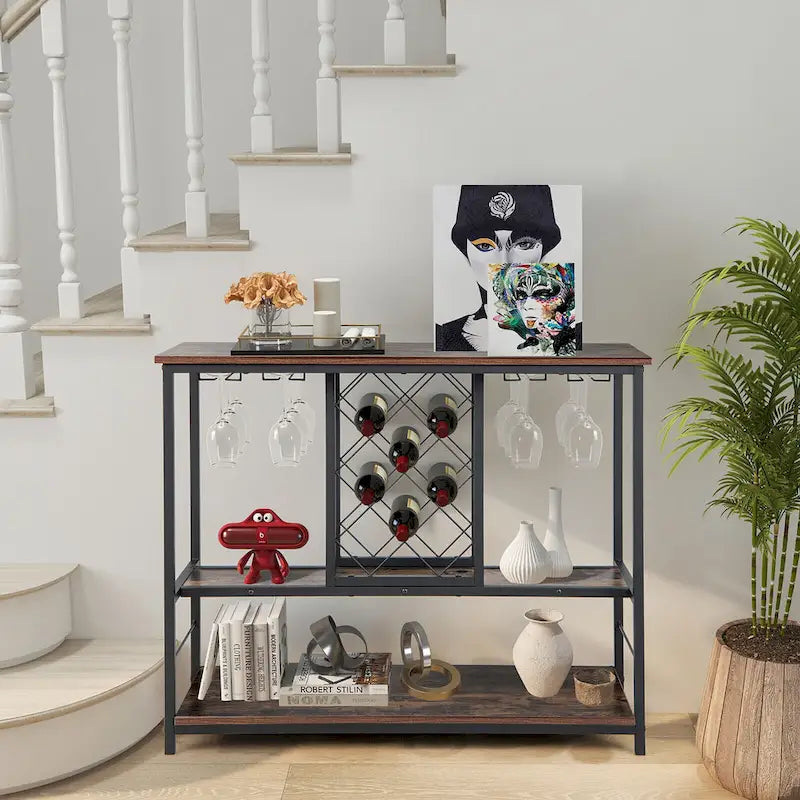 Gymax Industrial Liquor Bar Cart Rolling Kitchen Serving Cart w/ Wine