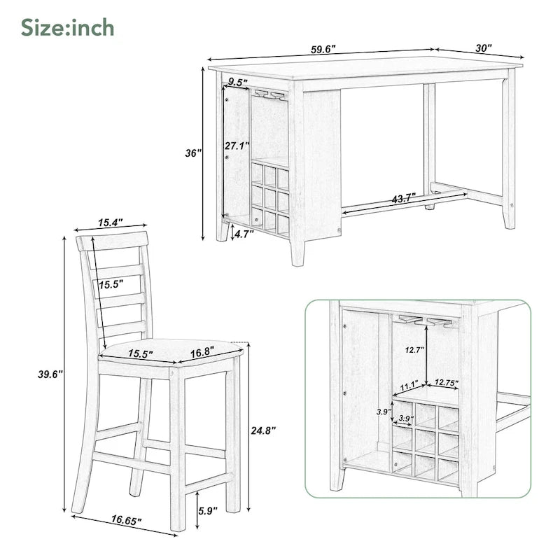 Multi-Functional Counter Height Dining Set Kitchen Bar Dining Table Set with 9 Wine Compartment Wine Glass Holders for Kitchen