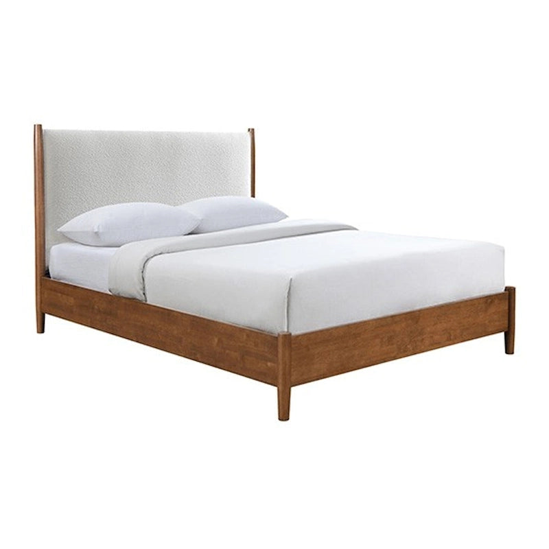 Carry Queen Bed, Beige Boucle Upholstered Headboard Walnut Brown Solid Wood