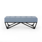 Liba Ottoman Bench, Button Tufted Light Blue Fabric, Black, 47 Inch