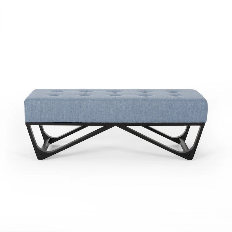 Liba Ottoman Bench, Button Tufted Light Blue Fabric, Black, 47 Inch