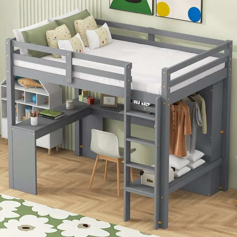 Twin Size Loft Bed Frame with L Shaped Desk, Wardrobe and Shelves