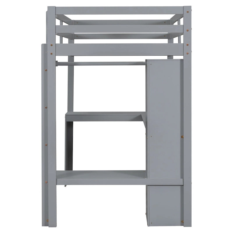 Twin Size Loft Bed Frame with L Shaped Desk, Wardrobe and Shelves