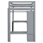 Twin Size Loft Bed Frame with L Shaped Desk, Wardrobe and Shelves