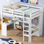 Twin Size Loft Bed Frame with L Shaped Desk, Wardrobe and Shelves