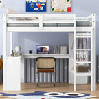 Twin Size Loft Bed Frame with L Shaped Desk, Wardrobe and Shelves