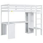 Twin Size Loft Bed Frame with L Shaped Desk, Wardrobe and Shelves