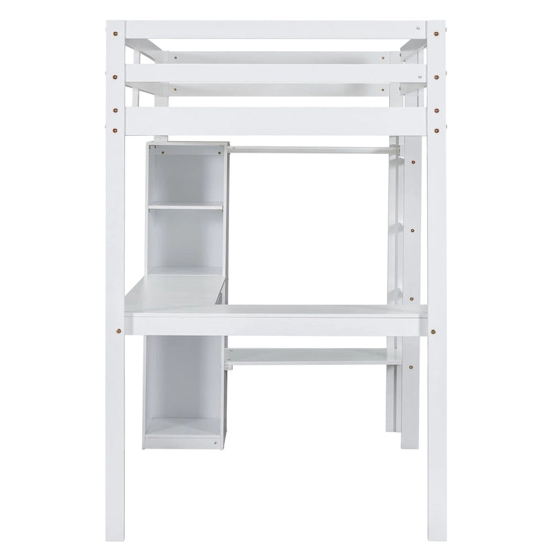 Twin Size Loft Bed Frame with L Shaped Desk, Wardrobe and Shelves