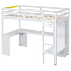 Twin Size Loft Bed Frame with L Shaped Desk, Wardrobe and Shelves