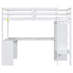 Twin Size Loft Bed Frame with L Shaped Desk, Wardrobe and Shelves