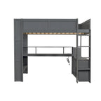 Wood Twin Size Gaming Loft Bed with Desk, Multi-storage Shelves, LED and Charging Station, Dark Gray