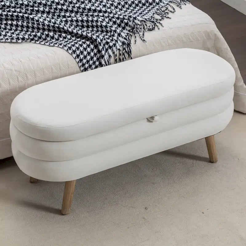 Storage Ottoman Bench with Wood Legs,Oval End of Bed Bench Indoor Ottoman W/Adjustable Foot Nails for Living Room