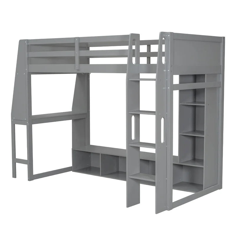 Twin Size Loft Bed Mulfunctional Wood Loft Bed w/Desk, Multi-storage Shelves, LED and Hanging Clothes Rack, No Box Spring Needed